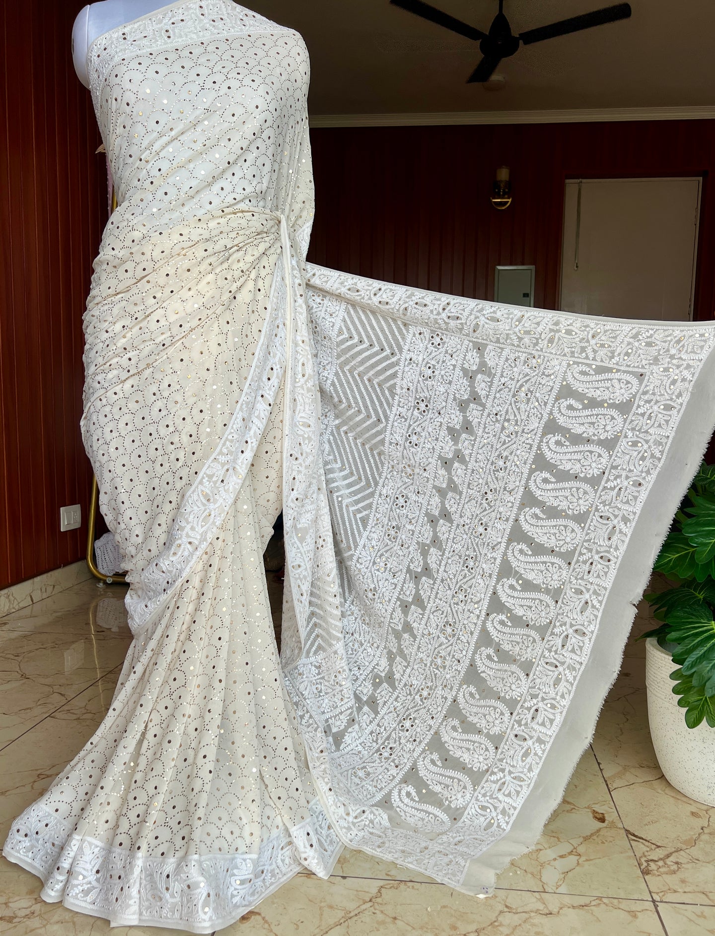 Ruhani Ivory Allover Designer Mukaish and Chikankari Saree
